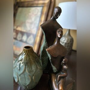 Bronze Family Sculpture with Bronze, Copper and Turquoise Green Vase